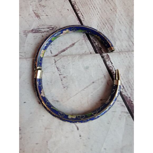 Set 2 Cloisonne Bracelet Bangle Hinged 2.5" Cobalt Blue Flowers Vintage Enamel - Picture 5 of 7